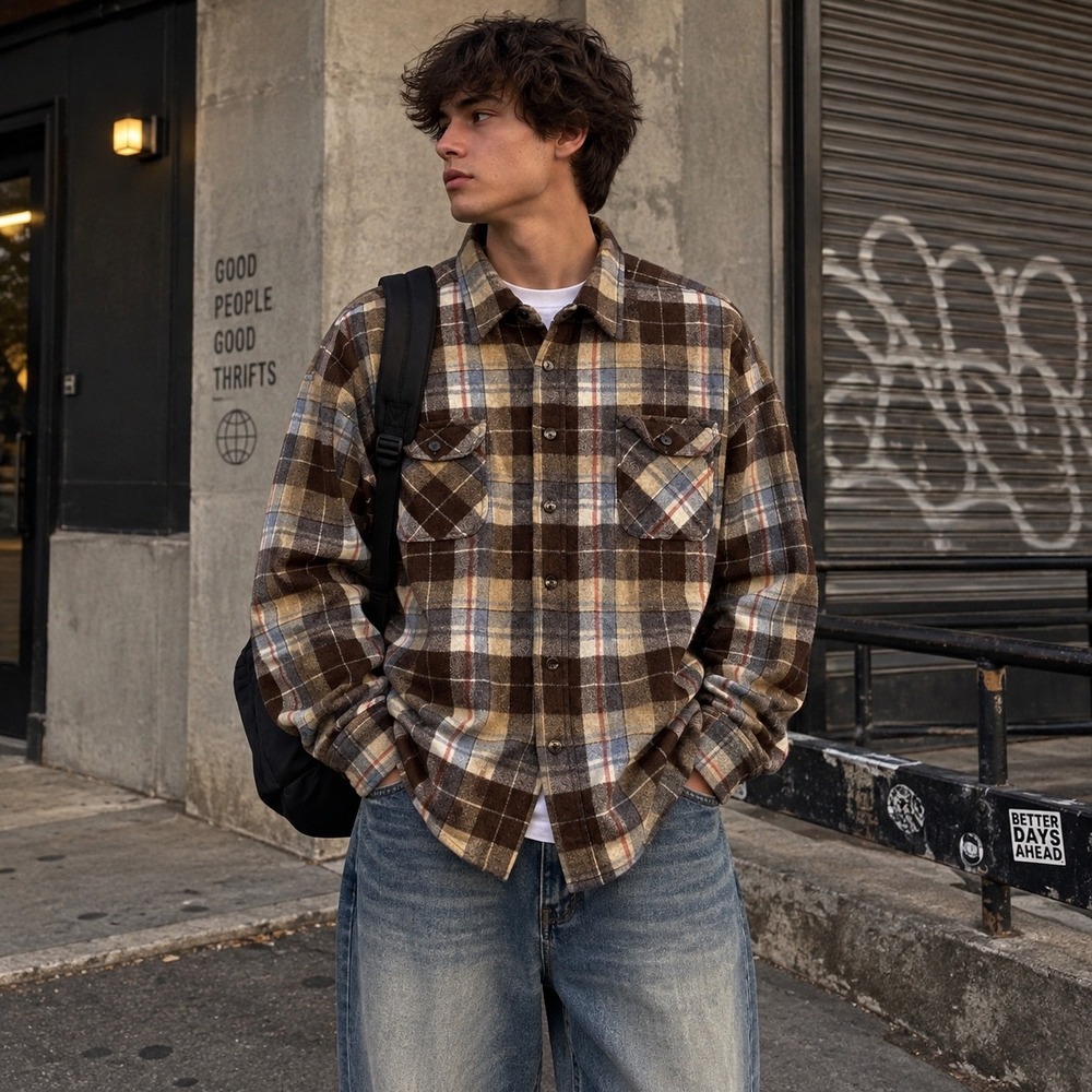 Vintage Pine Hill Shirt Mens XL Brown Plaid Wool Blend Flannel Button Down 90s